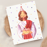 Polka dot background with Watercolor Jesus holding a birthday cake. 