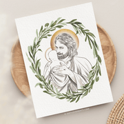 Line drawing of Jesus holding a baby, both with Halos, surrounded by a green wreath. 