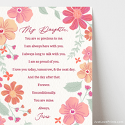 Floral print with a heartfelt message from Jesus, expressing unconditional love and pride for His daughter. A touching reminder of His everlasting presence and care.