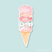 Sticker featuring a pastel watercolor ice cream cone with the text:
"Jesus loves you so much."