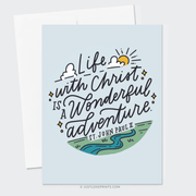 Greeting card with a quote "life with christ is a wonderful adventure." attributed to st. john paul ii, featuring playful illustrations of a sun, clouds, and a river