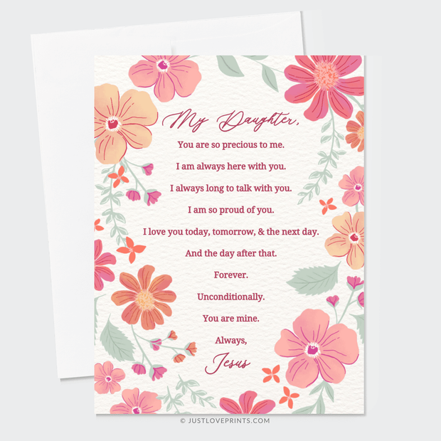 Floral print with a heartfelt message from Jesus: 'My Daughter, you are precious, loved, and mine forever.