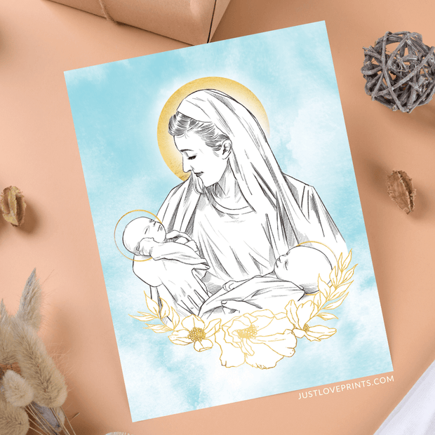 Mary Miscarriage Print Holding Twin Babies Catholic