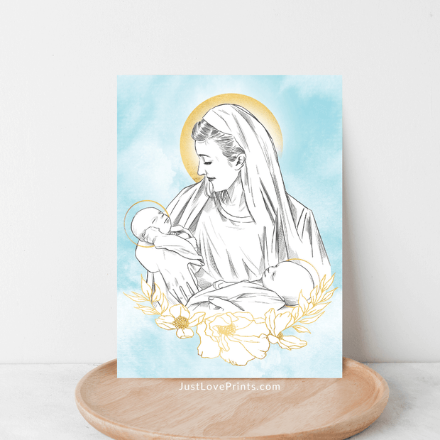 Illustration of the Virgin Mary holding two infants, with delicate golden accents and floral details against a serene blue background. A beautiful expression of maternal love and holiness.