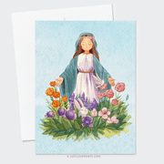 Illustration of the Virgin Mary with closed eyes, standing in a garden surrounded by colorful flowers and a small rabbit, wearing a dress and a floral crown.