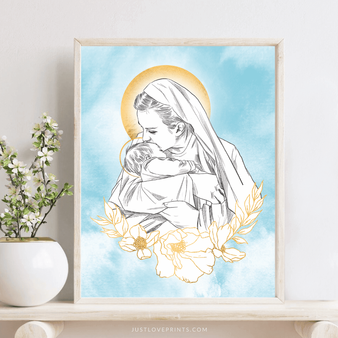 Catholic Miscarriage Gift, Mary Holding Baby in Heaven, 8x10 Print