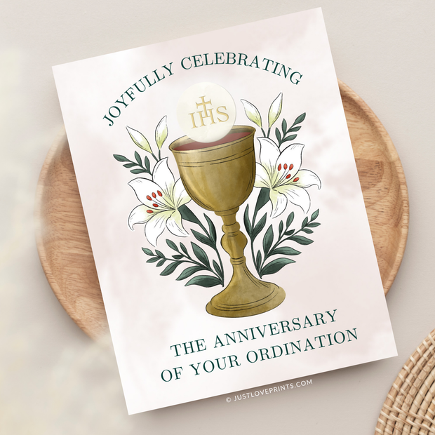 Greeting card with golden chalice, white lilies, and the words “Joyfully celebrating the anniversary of your ordination.”