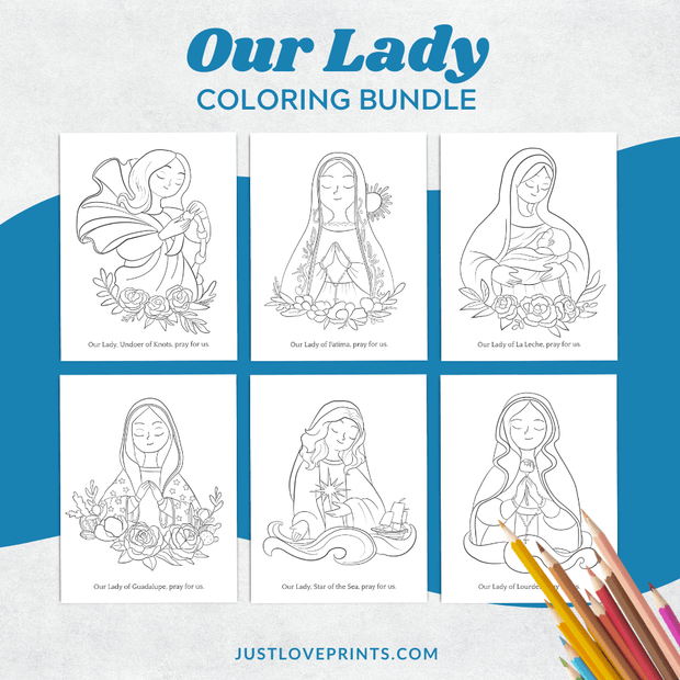 Close-up view of Our Lady coloring pages featuring peaceful illustrations of the Virgin Mary in various devotions, including Our Lady of Knots and Our Lady of La Leche.