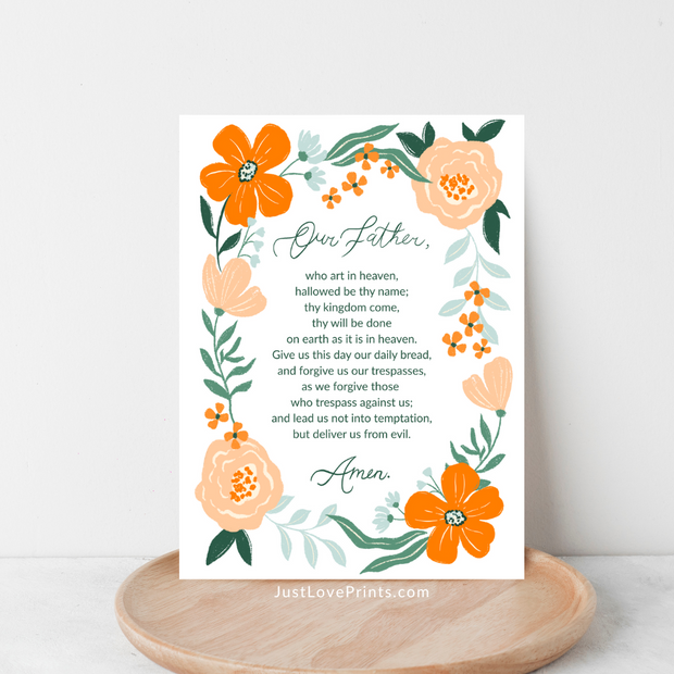 Small floral print with full text of the Our Father prayer framed by orange flowers.