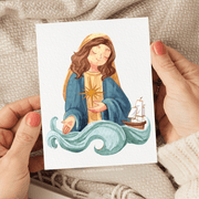 Illustration of a serene Blessed Mother with brown hair, wearing a blue and brown robe, holding a star. she is surrounded by stylized ocean waves and a small sailboat.