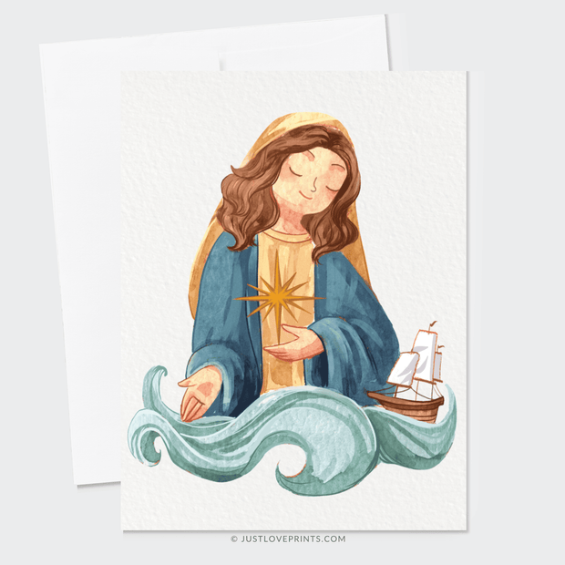 Illustration of a serene Blessed Mother with brown hair, wearing a blue and brown robe, holding a star. she is surrounded by stylized ocean waves and a small sailboat.