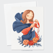 Illustration of the Blessed Mother with flowing dark hair and a blue and red robe, gently untying a knot while sitting among vibrant orange roses.