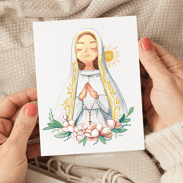 Illustration of the virgin mary, depicted with a serene expression and hands clasped in prayer, surrounded by a floral pattern and a shining sun by her side.