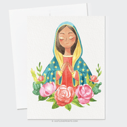 Illustration of the virgin mary with hands clasped in prayer, surrounded by colorful flowers, on textured paper