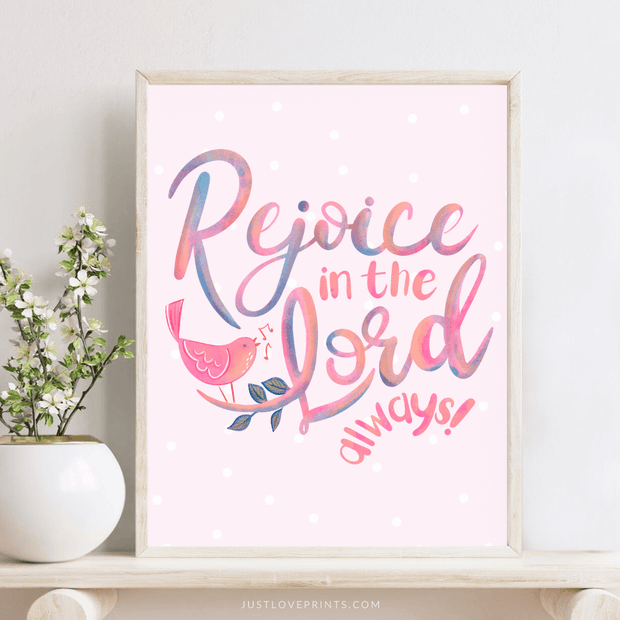 Rejoice in the Lord Always colorful lettering with pink singing bird – joyful Christian wall art
