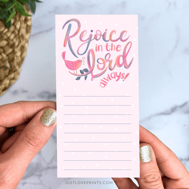 Mini pink notepad with watercolor text: Rejoice in the Lord Always 