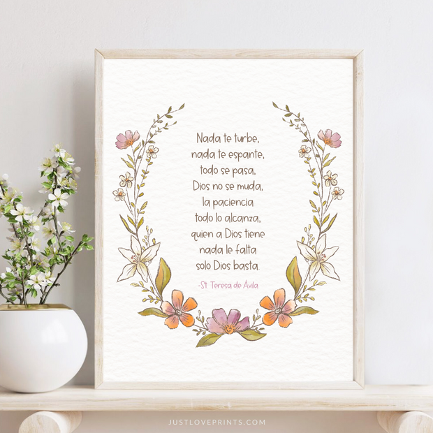 Spanish-language print of St. Teresa of Avila’s prayer with floral decoration.