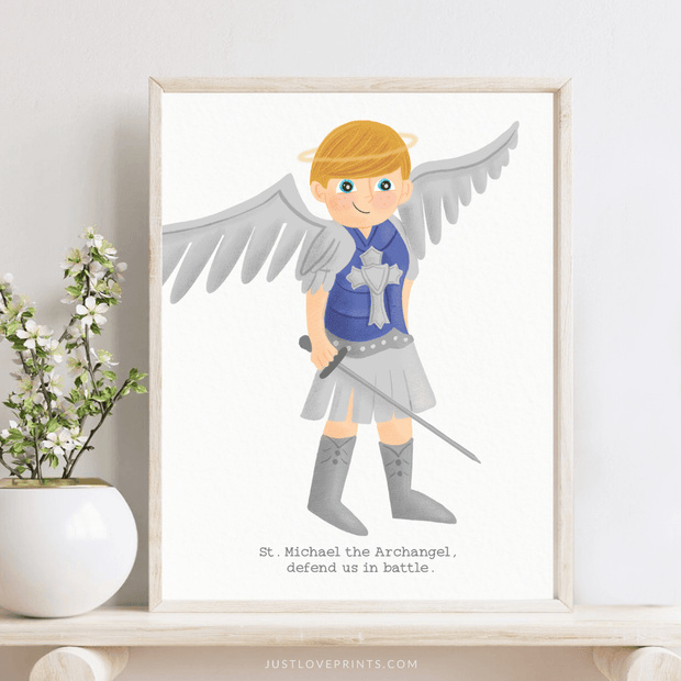 St. Michael the Archangel illustrated print with halo, wings, and sword – Catholic wall art
