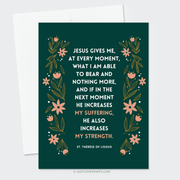 dark green background, featuring an inspirational quote from st. therese of lisieux surrounded by pink and orange flower motifs.