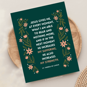 dark green background, featuring an inspirational quote from st. therese of lisieux surrounded by pink and orange flower motifs.