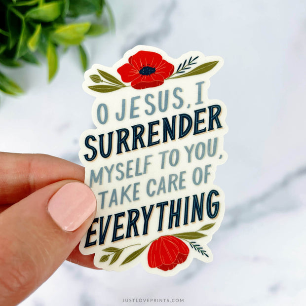 This sticker features the prayer, “O Jesus, I surrender myself to you, take care of everything,” framed by red poppies, adding a touch of calm and devotion.