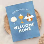 Blue texture background with a shell, eucharistic chalice and host, and dove with flame. Sharing in your joy! Welcome Home