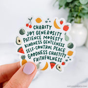 Fruit border with words: Charity, Joy, Generosity, Patience, Modesty, Kindness, Gentleness, Self-Control, Peace, Goodness, Chastity, Faithfulness