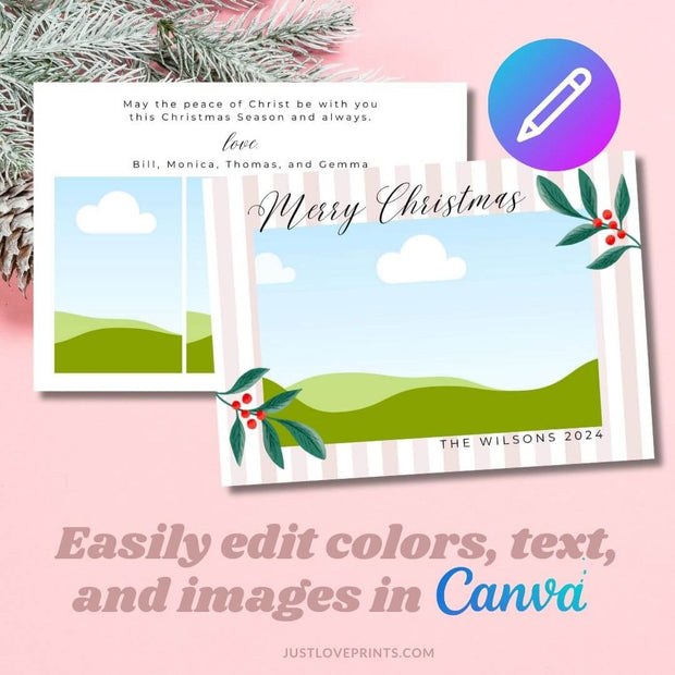 Promotional image showcasing customizable Christmas card templates with the headline 'Easily edit colors, text, and images in Canva.' The foreground displays two examples: one features a message reading 'May the peace of Christ be with you this Christmas Season and always,' along with placeholders for three vertical photos, and the other showcases a 'Merry Christmas' design with a striped background, holly leaves and berries, and a single horizontal photo placeholder.