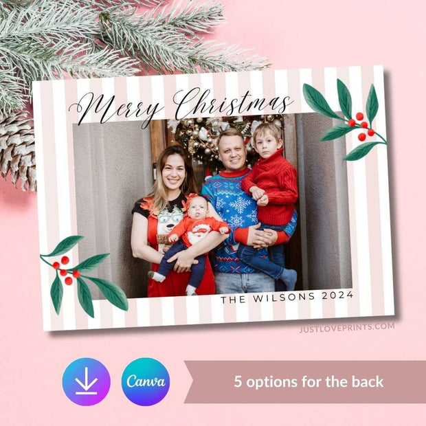 Christmas card template with 'Merry Christmas' text, holly decorations, and a customizable photo section. Text at the bottom reads 'The Wilsons 2024.' Includes Canva and download icons with '5 options for the back' text below.