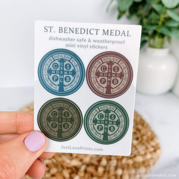 Features four "back" St Benedict medals in Blue, Red, dark green, and light green