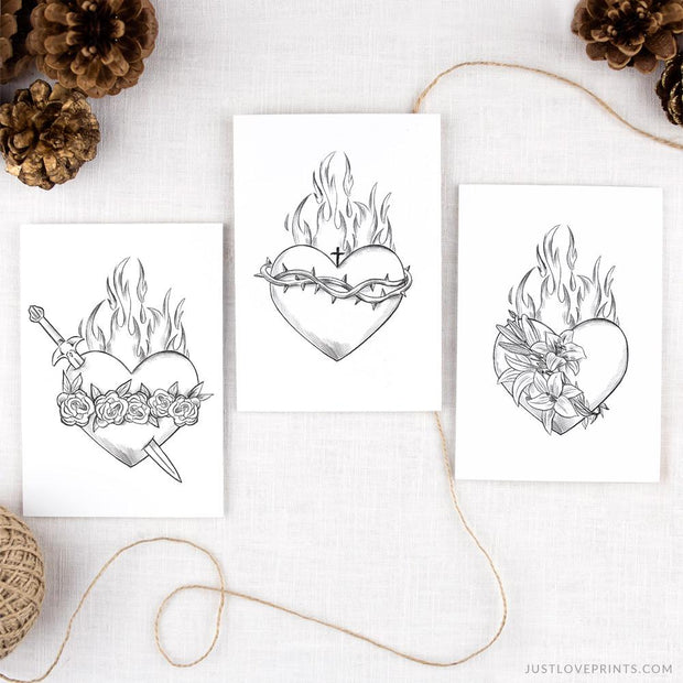 3 prints of the Holy Family Hearts, Immaculate Heart, Sacred Heart and Chaste Heart. 